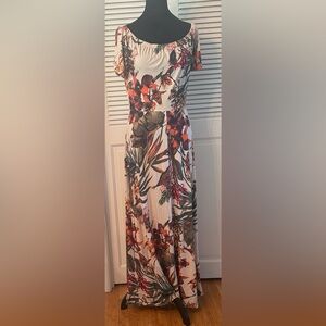 VENUS Cream Maxi Dress with Tropical Orange & Green Floral Print